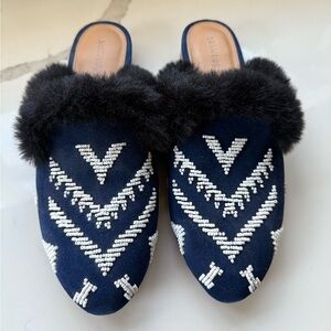 Soludos Sedona Faux Fur Beaded Navy Leather Mule size 9.5